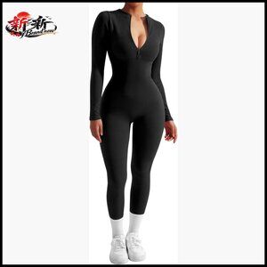 Long Sleeve Ribbed Jumpsuit Zip Front Bodycon Romper Nylon Spandex